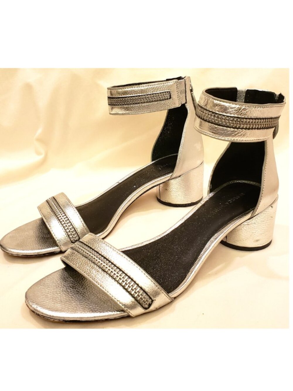 REBECCA MINKOFF Comfort Block Heel Shoes/Sandals Size-9 Silver Leather